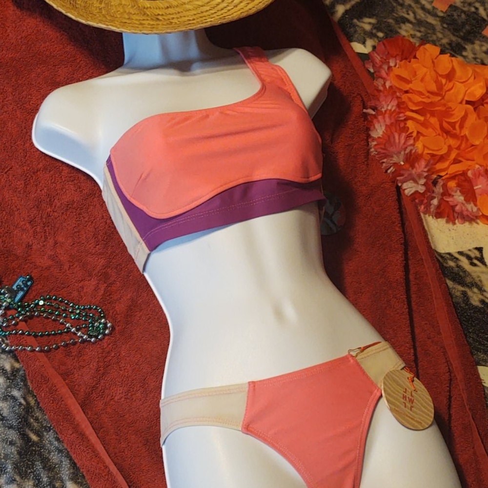 Hollie Watman One Shoulder Bikini Color Block Sm/XSm Pink Purple